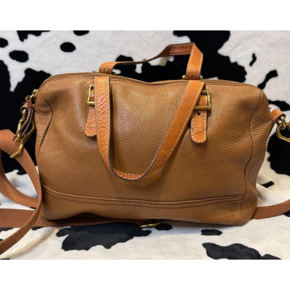 Fossil Brown Pebbled Leather Satchel Crossbody Bag Brass Hardware Handbag